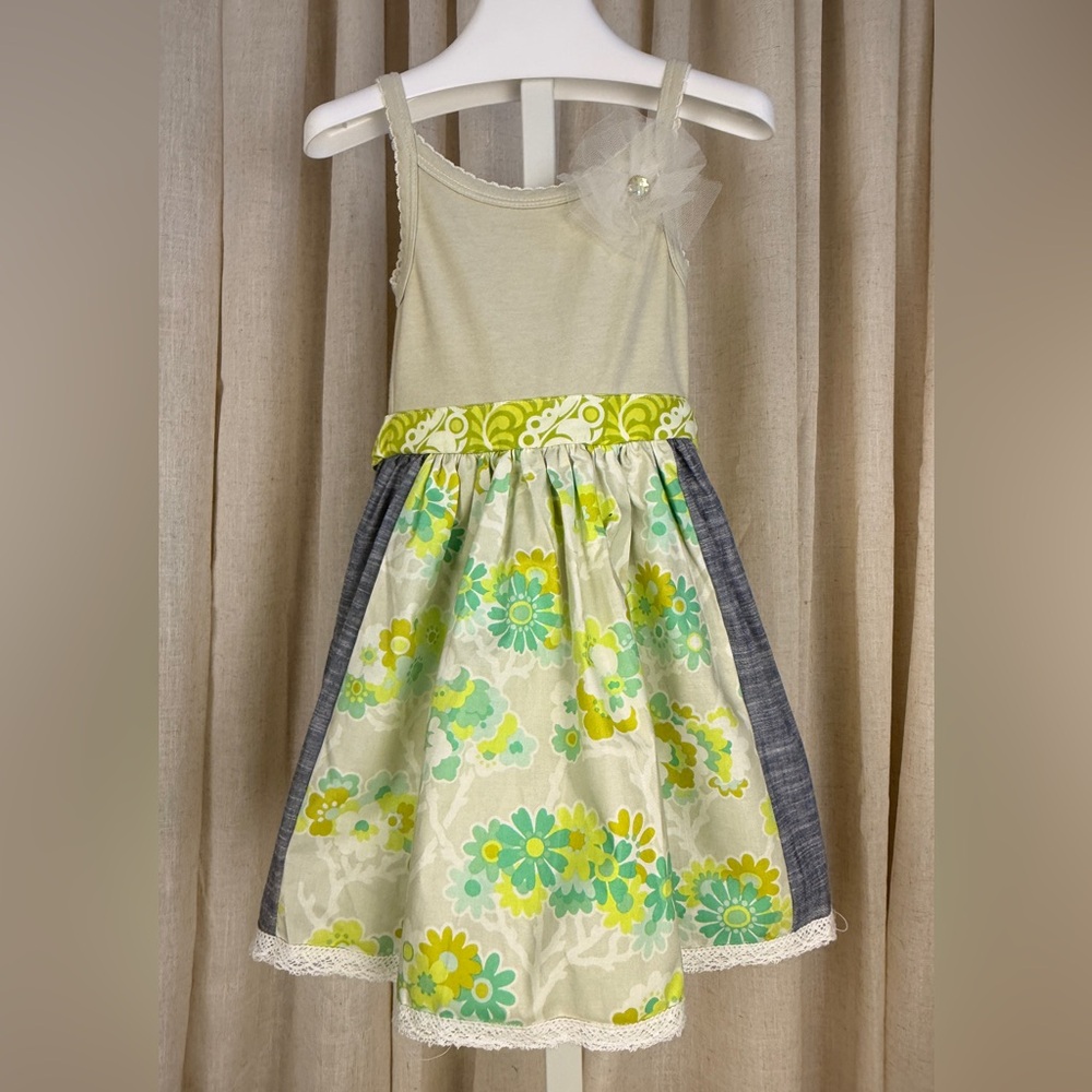 MILLION POLKADOTS Green & Chambray Floral Tank Dress with Lace Trim 3T NWOT